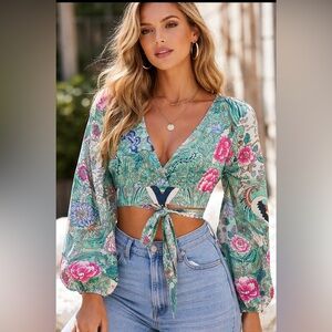 Banjul Floral Wrap Crop Top Small Boho Bell Sleeve Green Pink Very good